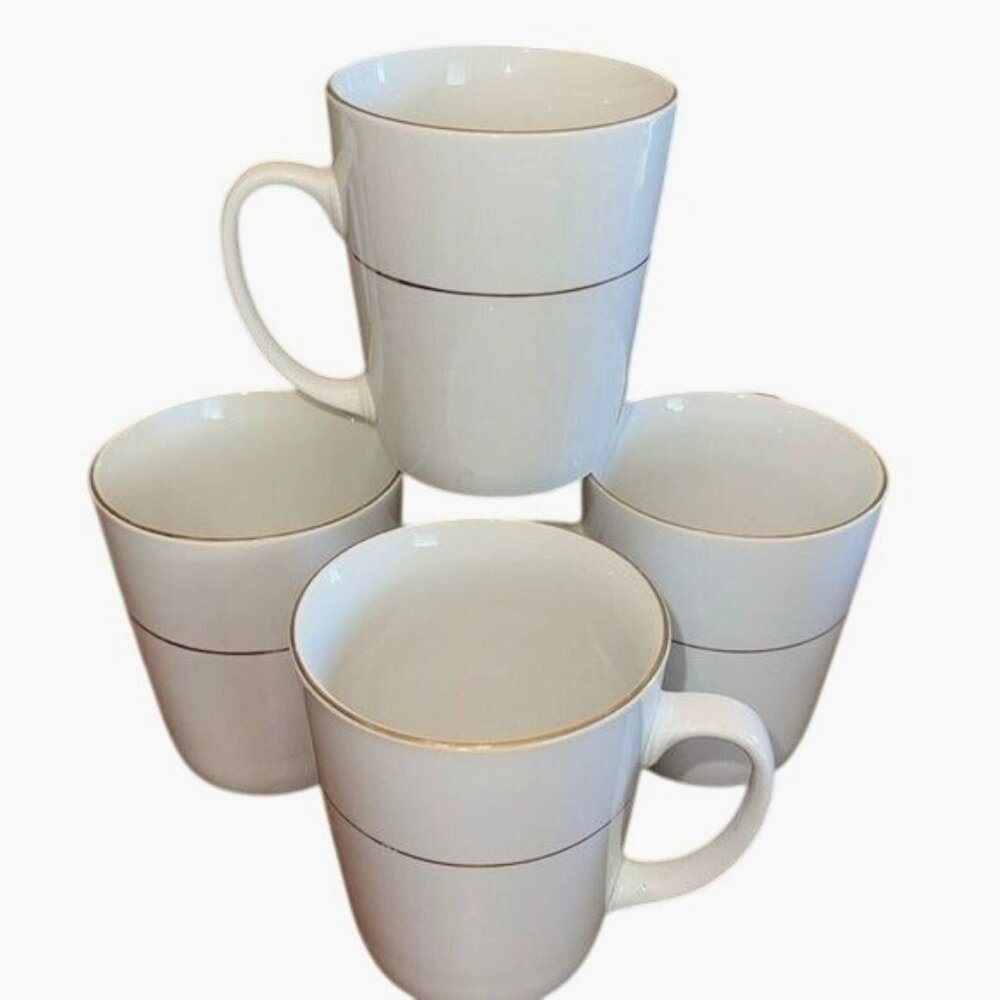 Set Of 4 Totally Today White Ceramic Mugs With Gold Trim